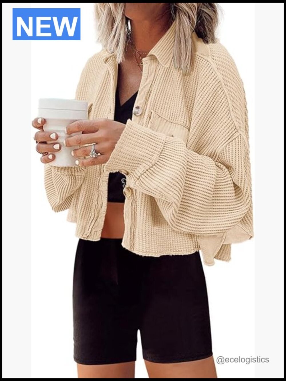 Cropped Waffle Knit Shacket Button Down Jacket Batwing Sleeve